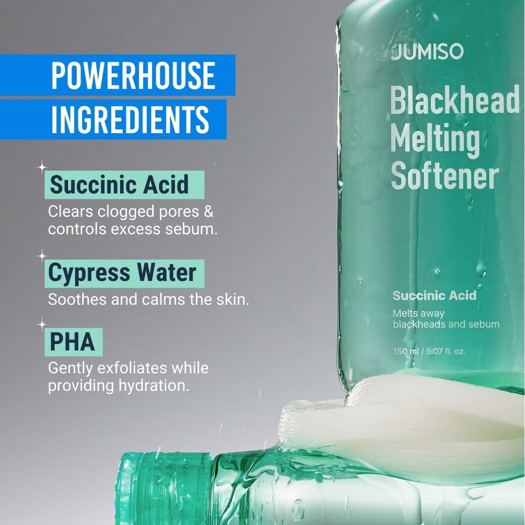 JUMISO Blackhead Melting Softener Kit – Succinic Acid & PHA Pore Solution (150ml, 40 Pads, 10 Swabs)
