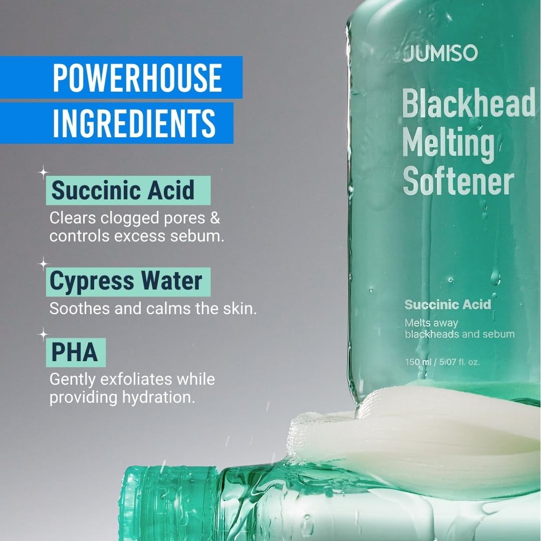 JUMISO Blackhead Melting Softener Kit – Succinic Acid & PHA Pore Solution (150ml, 40 Pads, 10 Swabs)