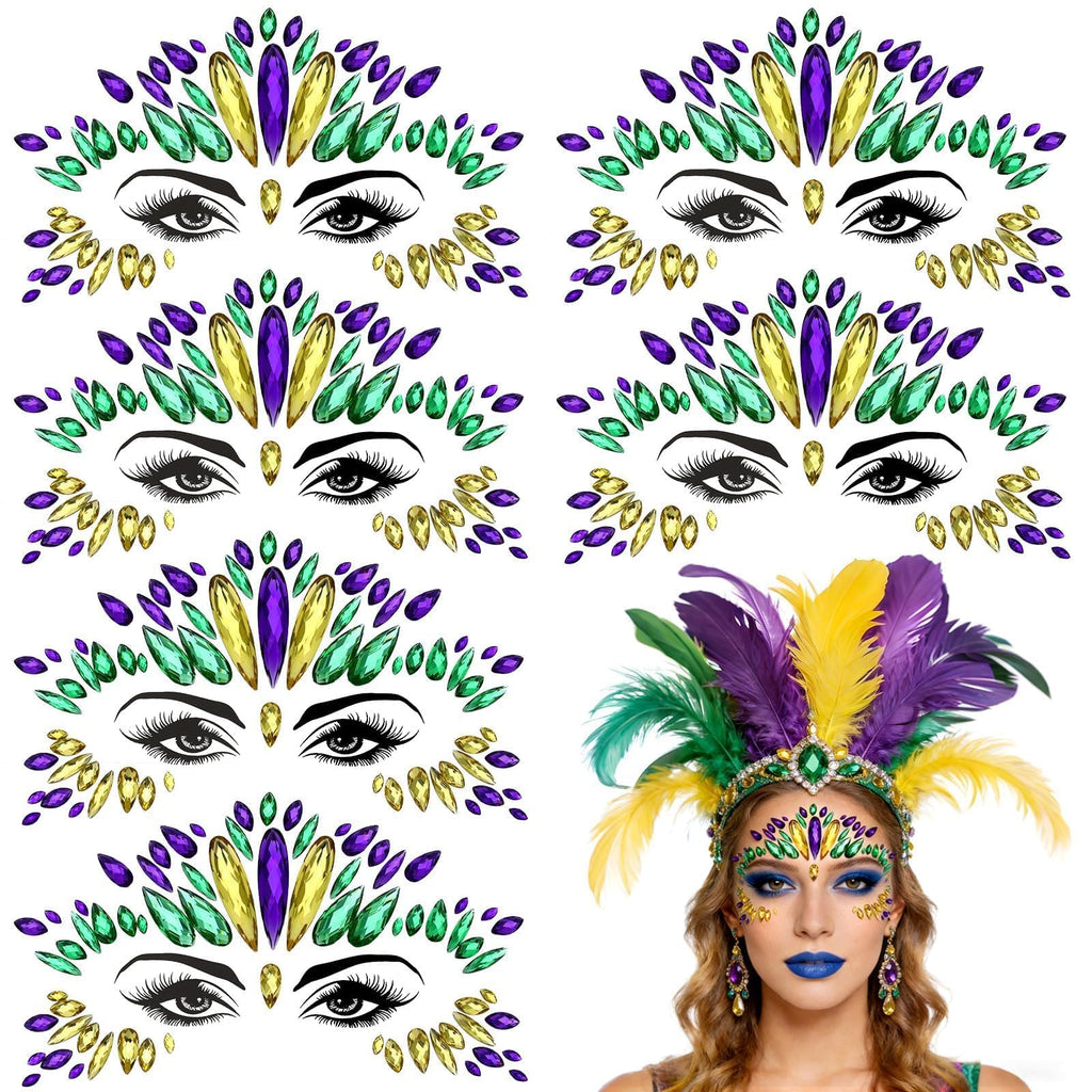 JUNEBRUSHS Mardi Gras Face Jewels – 6 Sheets of Premium Acrylic Temporary Tattoos in Yellow, Green & Purple