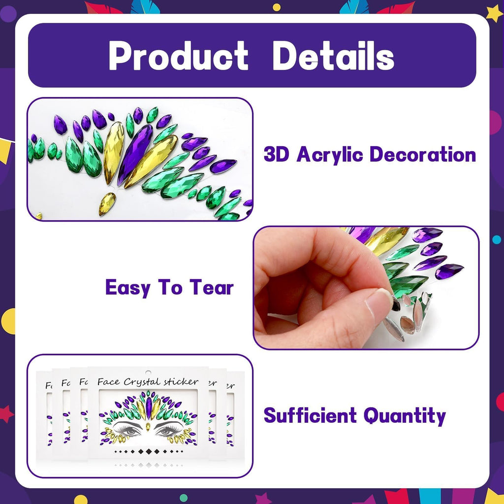 JUNEBRUSHS Mardi Gras Face Jewels – 6 Sheets of Premium Acrylic Temporary Tattoos in Yellow, Green & Purple