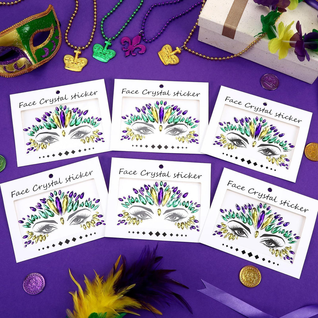 JUNEBRUSHS Mardi Gras Face Jewels – 6 Sheets of Premium Acrylic Temporary Tattoos in Yellow, Green & Purple