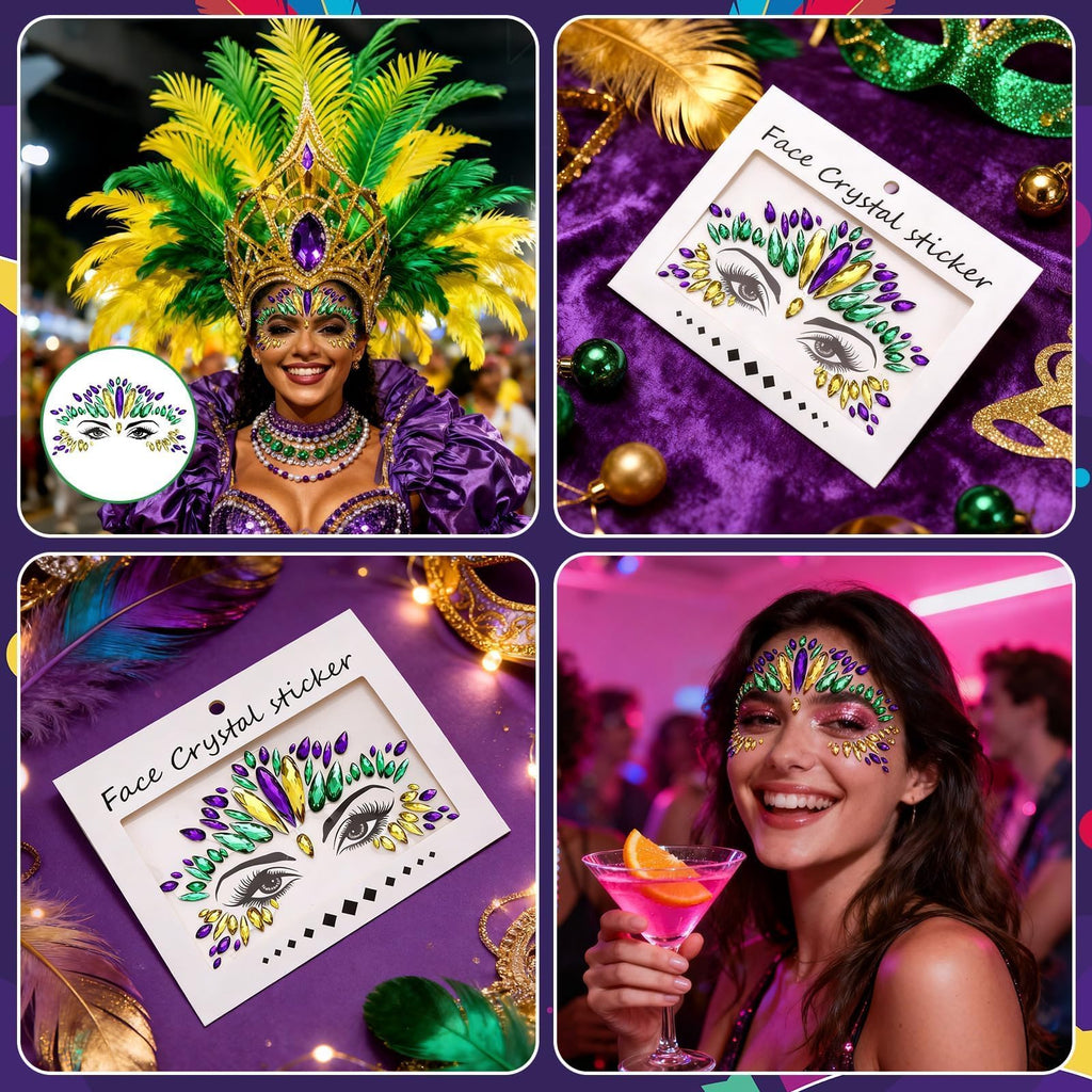 JUNEBRUSHS Mardi Gras Face Jewels – 6 Sheets of Premium Acrylic Temporary Tattoos in Yellow, Green & Purple