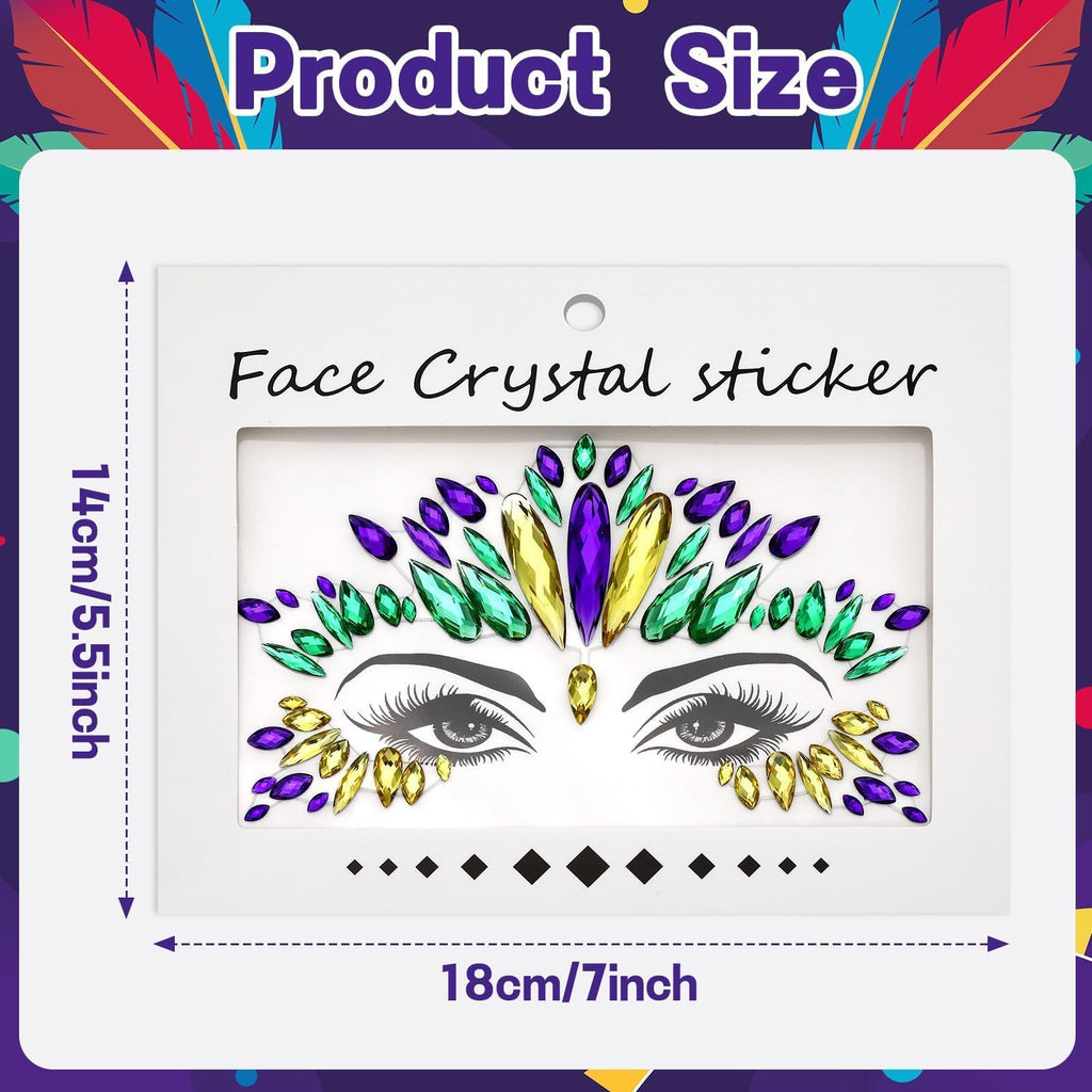 JUNEBRUSHS Mardi Gras Face Jewels – 6 Sheets of Premium Acrylic Temporary Tattoos in Yellow, Green & Purple