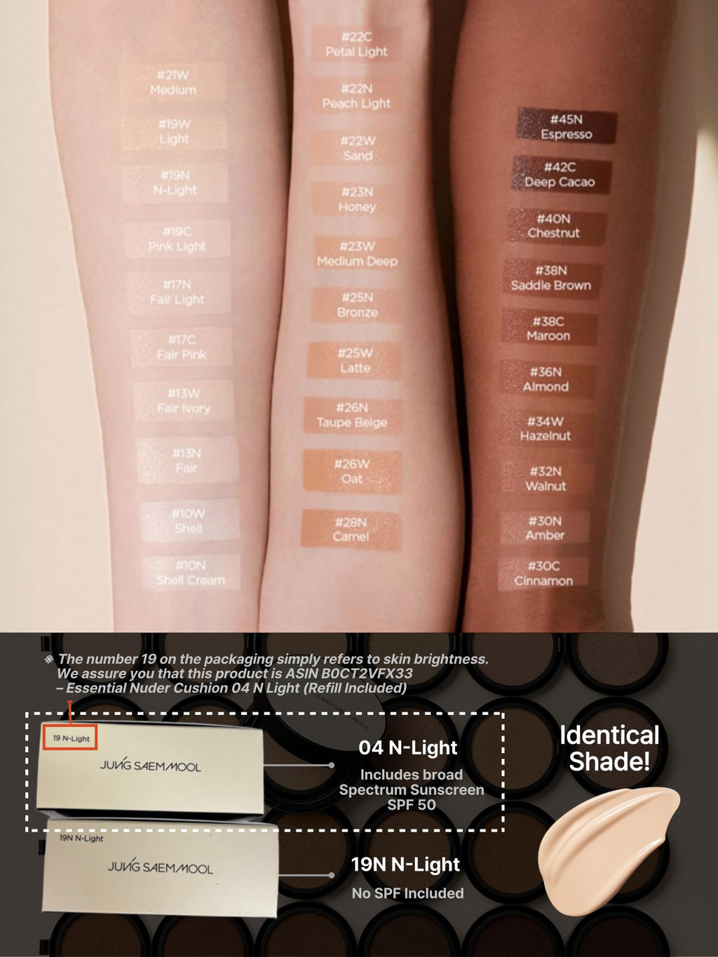 JUNG SAEM MOOL SPF50 Essential Skin Nuder Cushion (19 N-Light) – Refill Included | Natural Finish