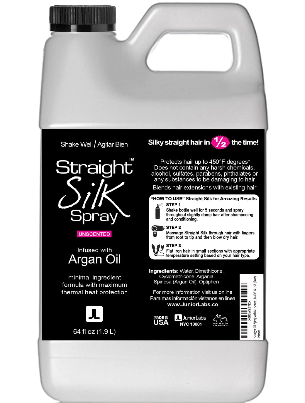JuniorLabs Straight Silk Spray with Moroccan Argan Oil | Heat Protectant up to 450°F | Alcohol-Free & Fragrance-Free | Made in USA (64oz)