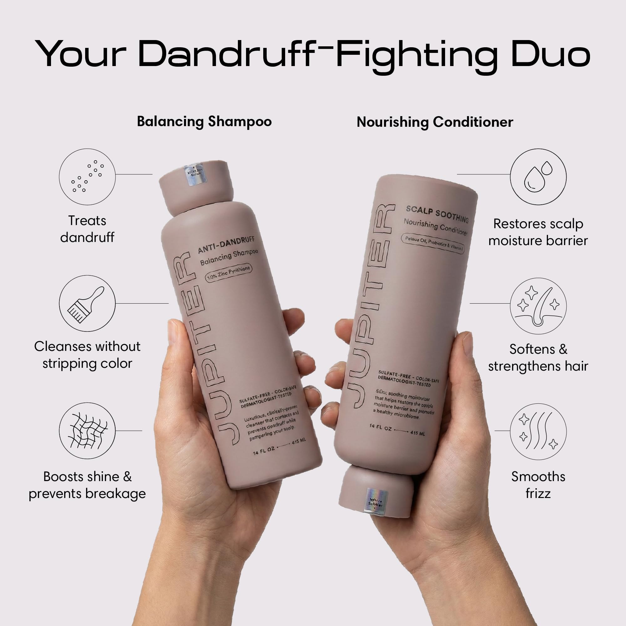 Jupiter Anti Dandruff Shampoo, Conditioner & Scalp Scrubber — Color-Safe, Sulfate-Free