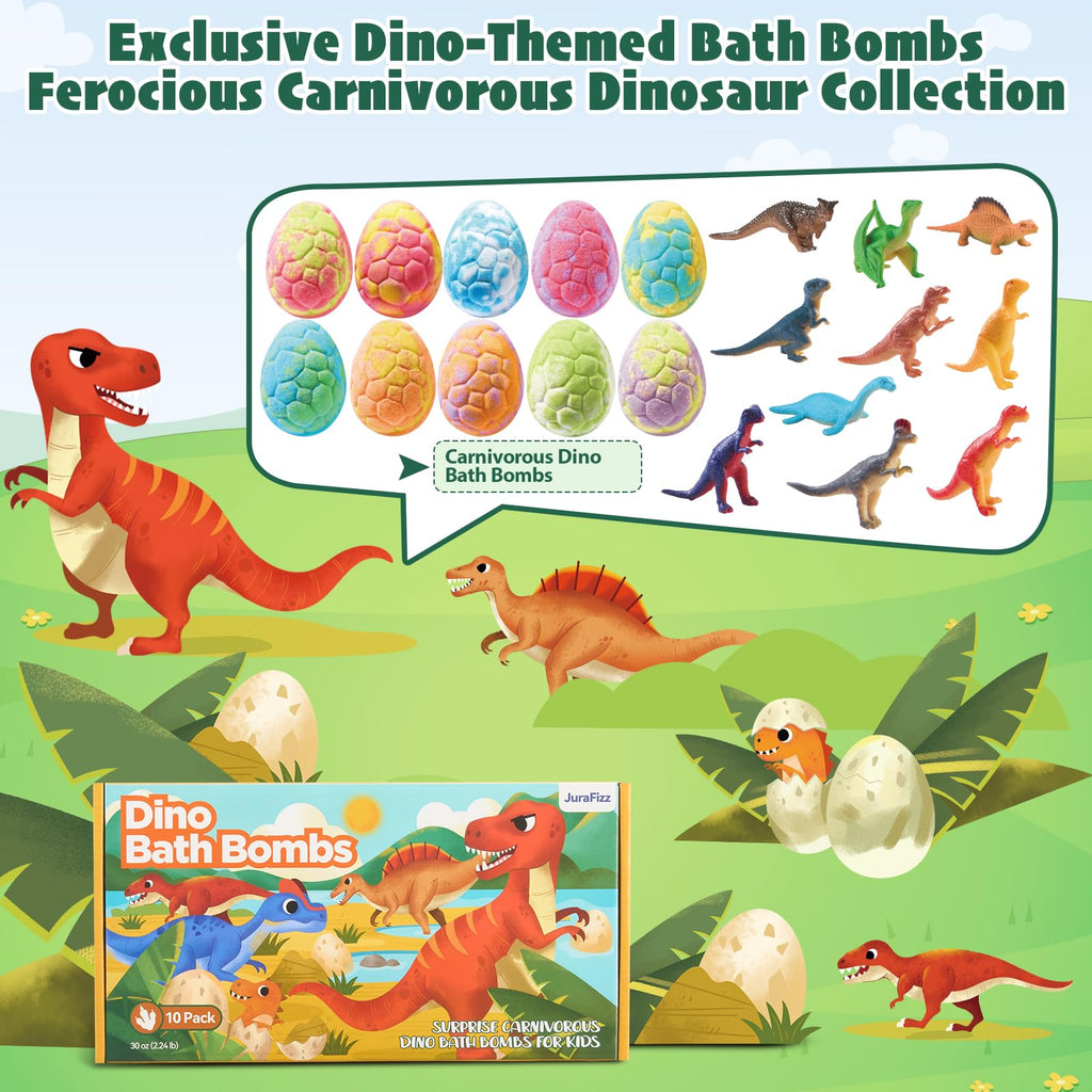 JuraFizz Dinosaur Bath Bombs - 10 Pack with Surprises Inside for Safe Colorful Bath Fun
