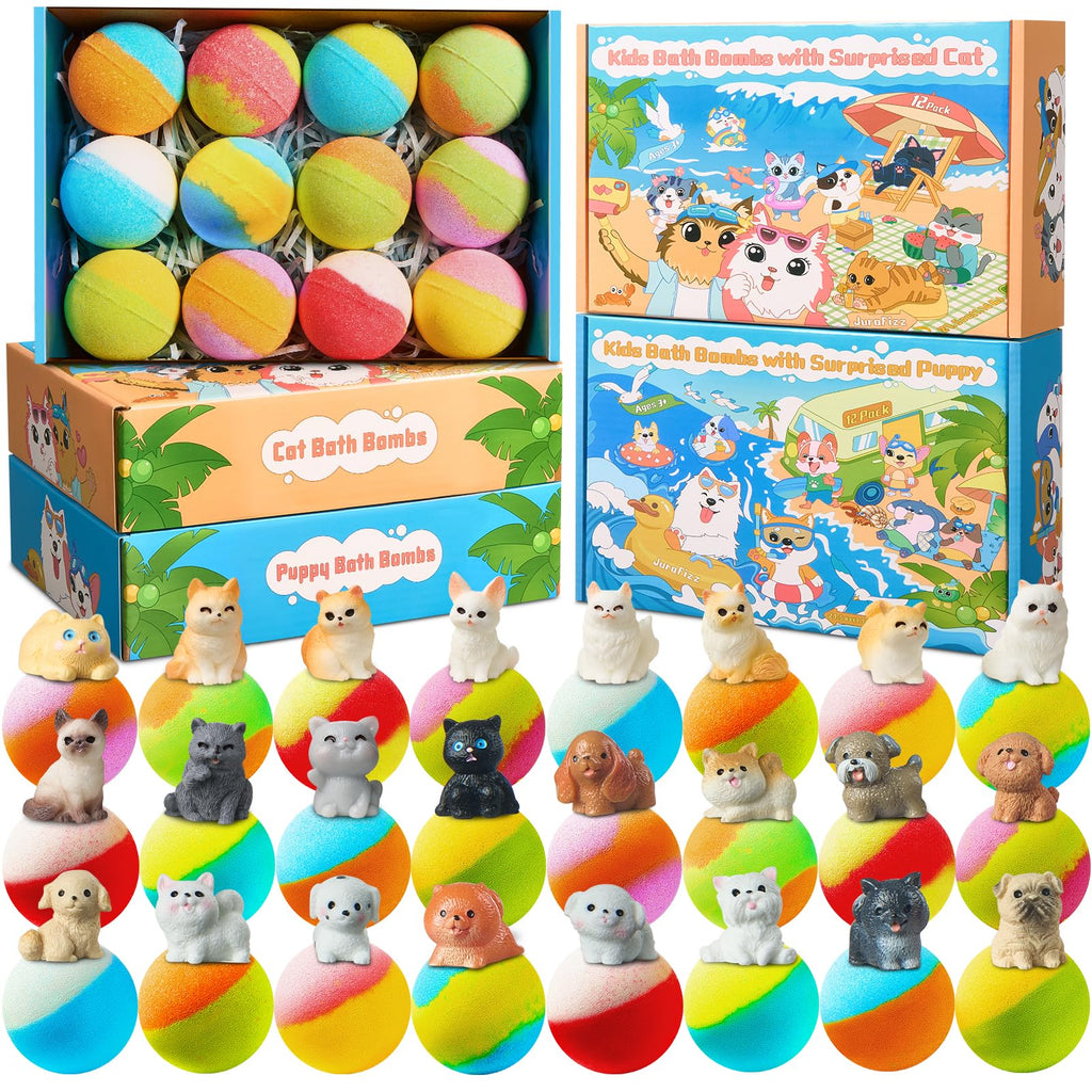JuraFizz Kids Bath Bombs – 24 Surprises Inside with Puppy & Cat Toys