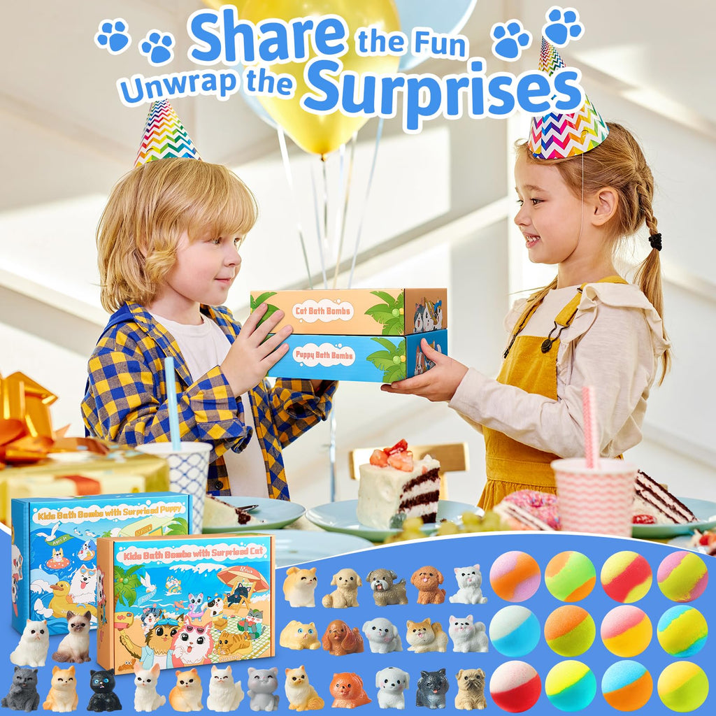 JuraFizz Kids Bath Bombs – 24 Surprises Inside with Puppy & Cat Toys
