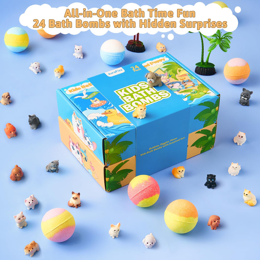 JuraFizz Kids Bath Bombs – 24 Surprises Inside with Puppy & Cat Toys