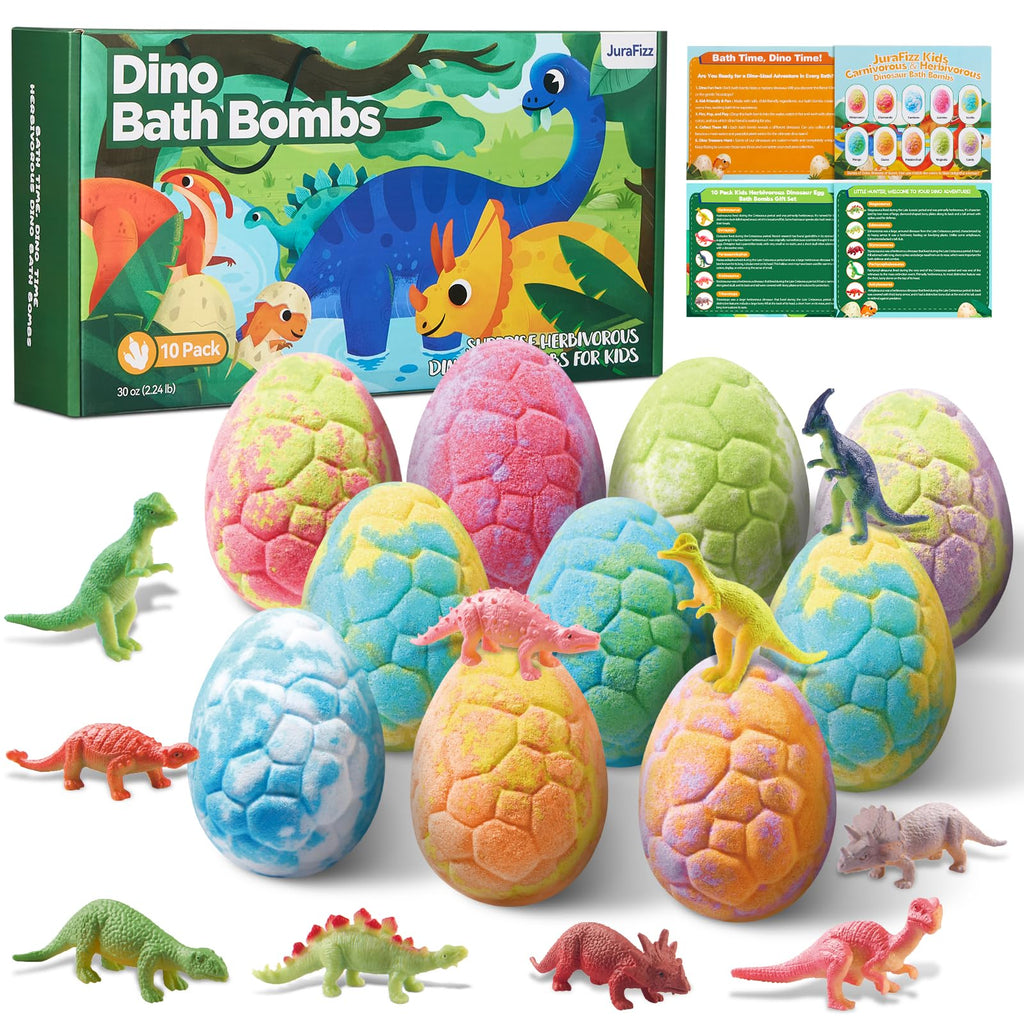 JuraFizz Dinosaur Bath Bombs 10-Pack with Surprise Toys – Safe, Mess-Free Gift for Kids 3–9