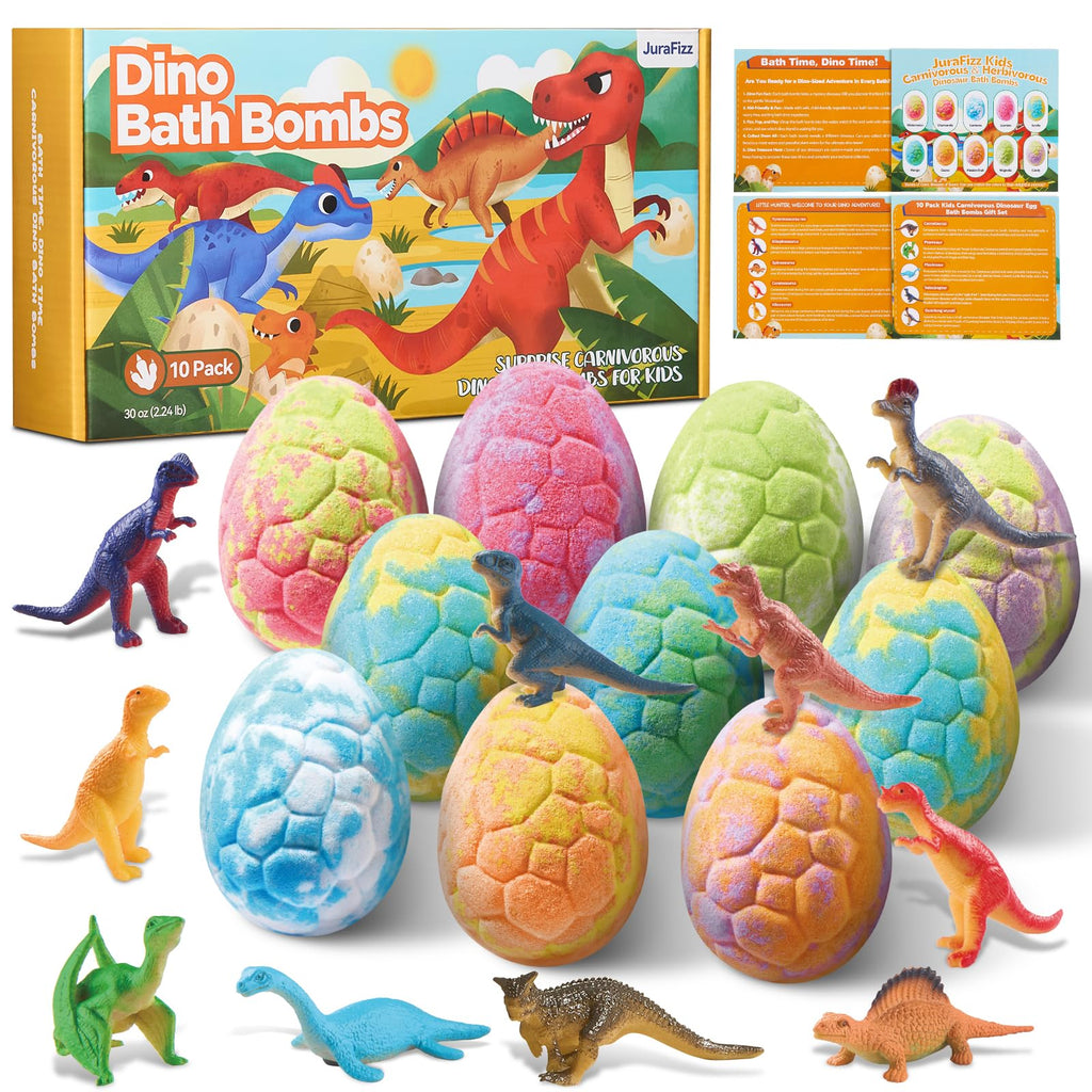 JuraFizz Dinosaur Bath Bombs - 10 Pack with Surprises Inside for Safe Colorful Bath Fun