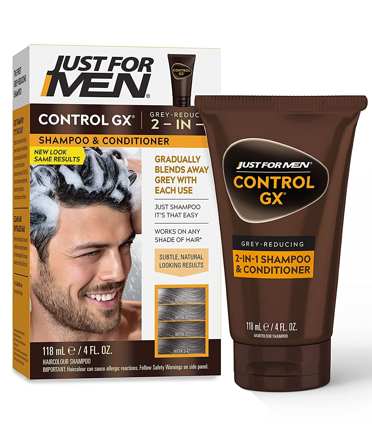 Just for Men Control GX Grey-Reducing 2-in-1 Shampoo & Conditioner with Keratin – 4 Fl Oz (Packaging May Vary) - 3 Pack