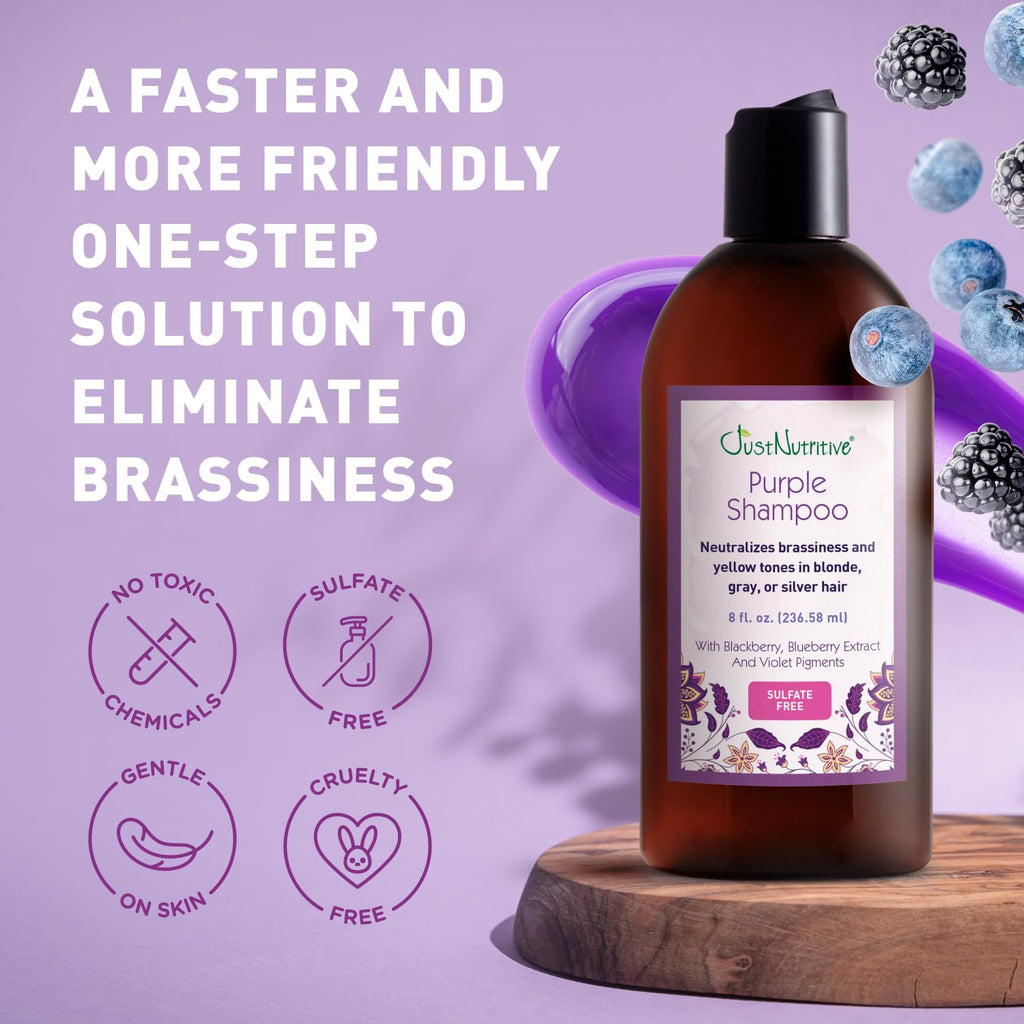 Just Nutritive Purple Toning Shampoo for Blonde, Gray, White & Silver Hair – Neutralize Brassiness, Hydrate & Shine (8 oz)