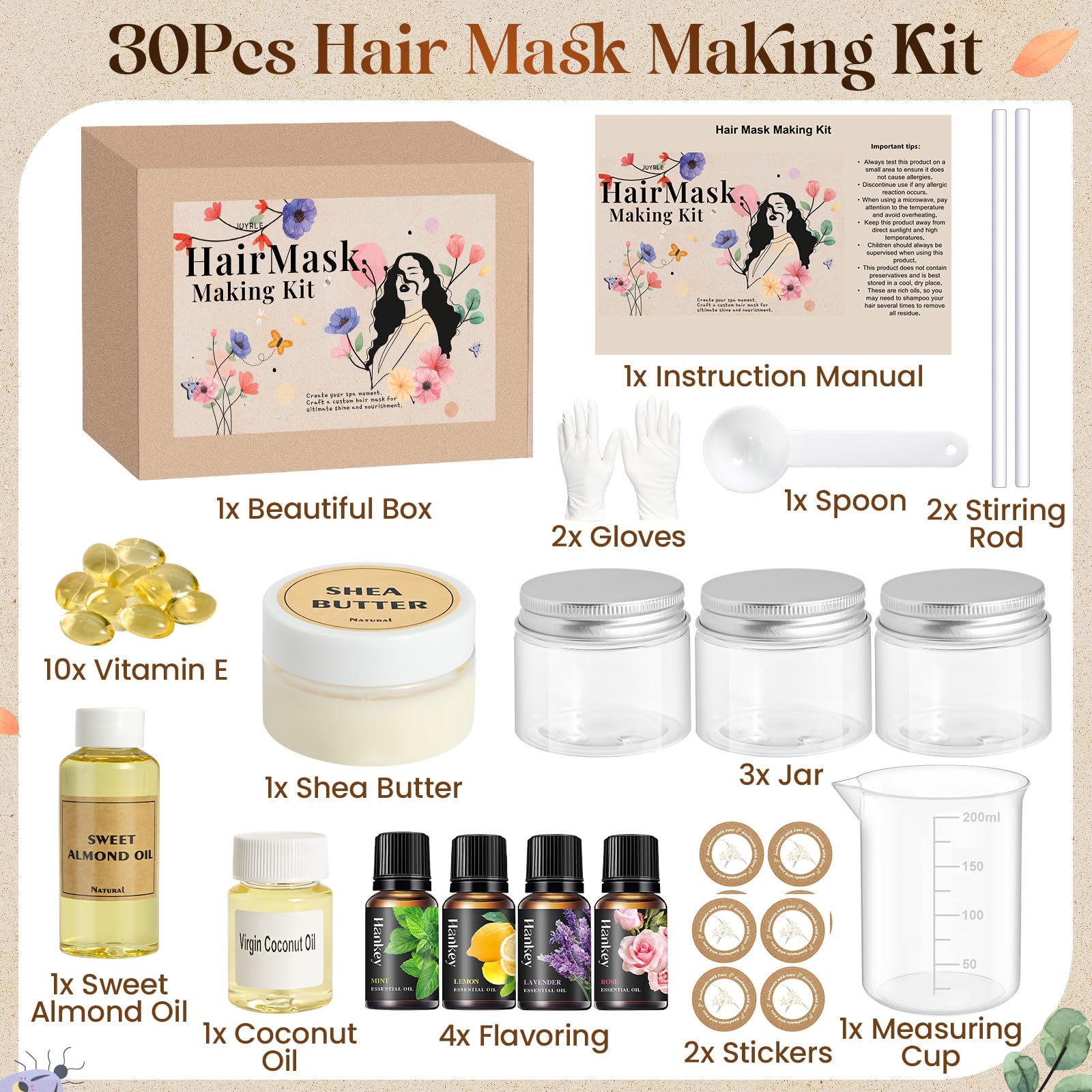 JUYRLE Hair Mask Making Kit – DIY Hair Conditioner with Shea Butter, Sweet Almond Oil & Coconut Oil