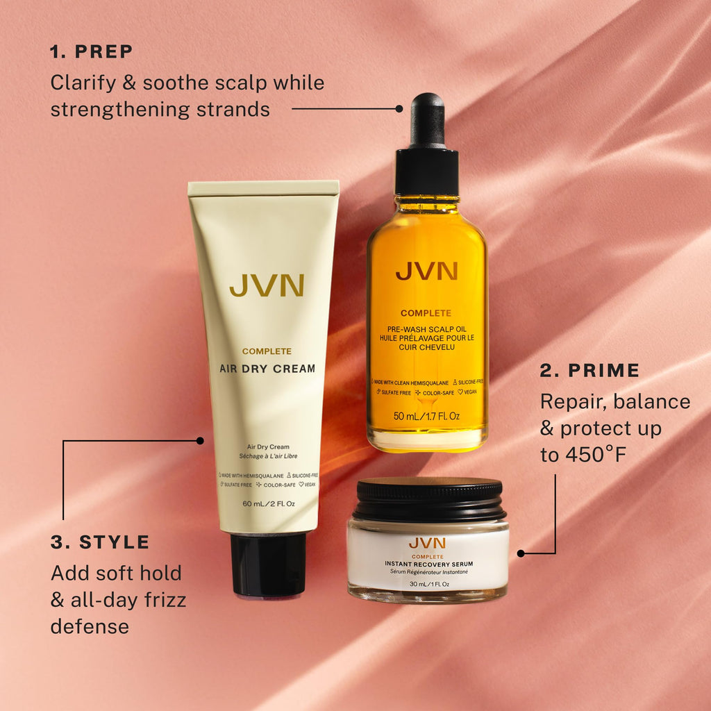 JVN Trusted Trio Travel Essentials Hair Care – Silicone Free with Air Dry Cream, Recovery Serum & Pre-Wash Scalp Oil