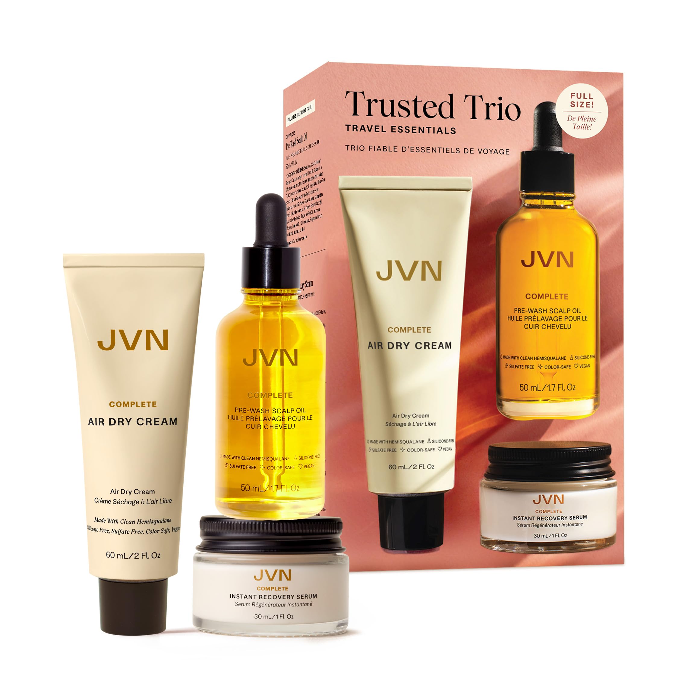JVN Trusted Trio Travel Essentials Hair Care – Silicone Free with Air Dry Cream, Recovery Serum & Pre-Wash Scalp Oil