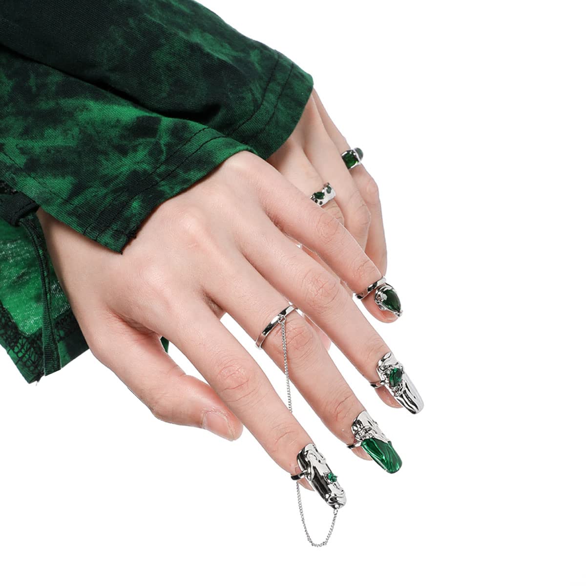JZSMY 10Pcs Finger Tip Nail Rings | Adjustable Irregular Nail Armor Set in Green
