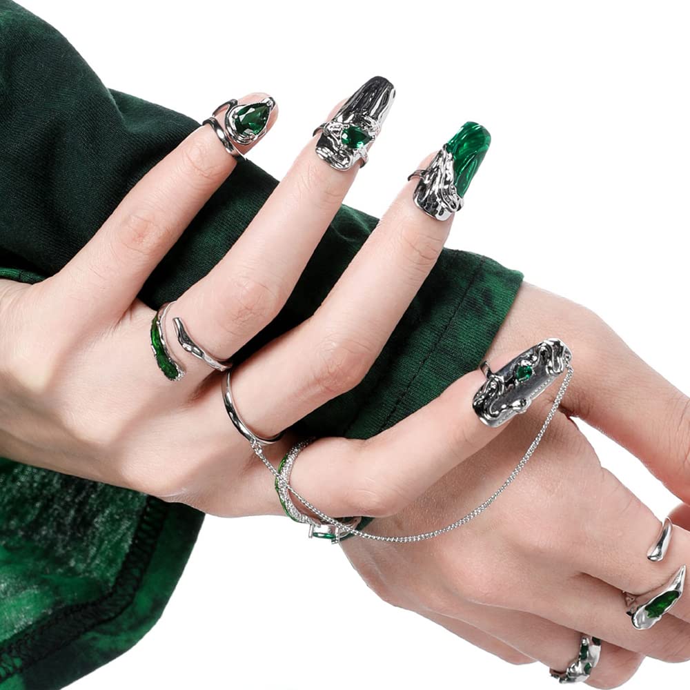 JZSMY 10Pcs Finger Tip Nail Rings | Adjustable Irregular Nail Armor Set in Green