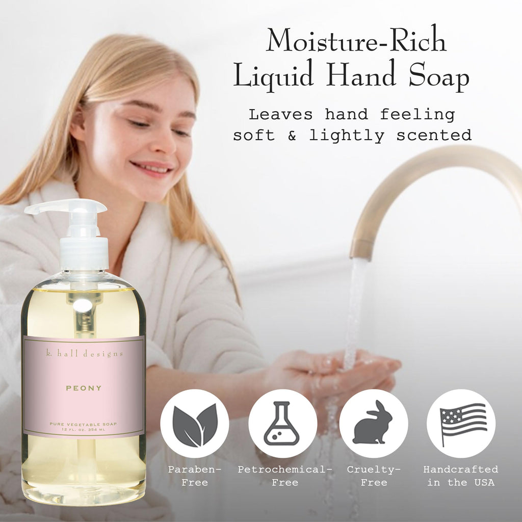 K. Hall Designs Peony Liquid Hand Soap – Plant-Based, Delicate Scent, 12 oz