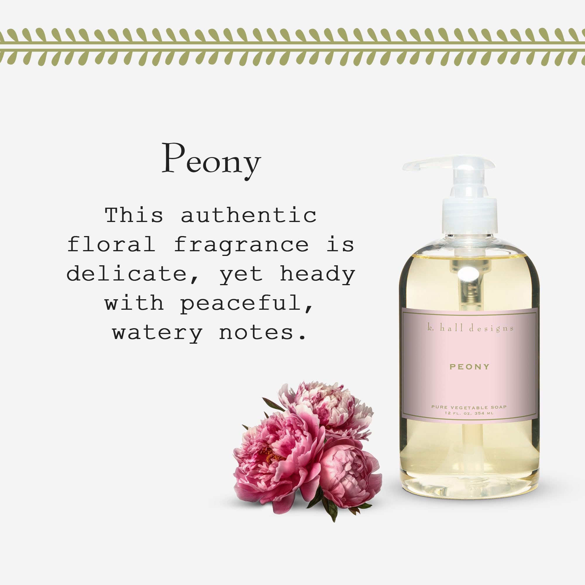 K. Hall Designs Peony Liquid Hand Soap – Plant-Based, Delicate Scent, 12 oz