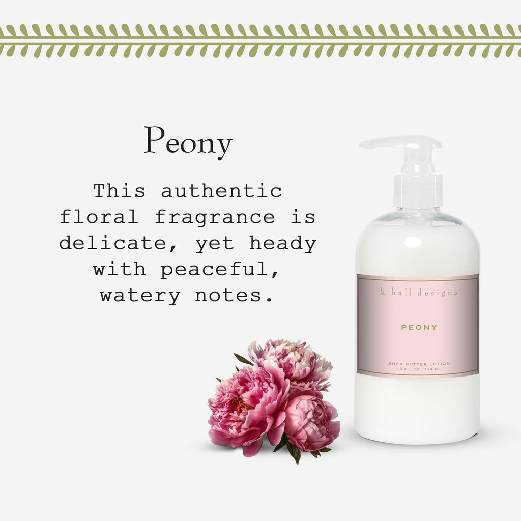 K. Hall Designs Peony Scented Shea Butter Lotion – Dry Skin Moisturizer, Peaceful Peony Floral Scent, 12oz