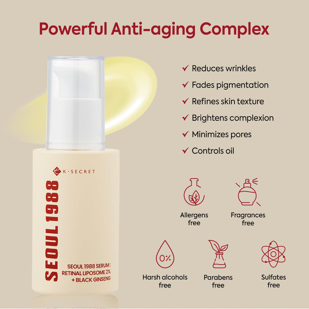 K-SECRET SEOUL 1988 Retinal Serum – 2% Retinal Liposome for Anti-Aging Face Care (2-Pack, 30mL)