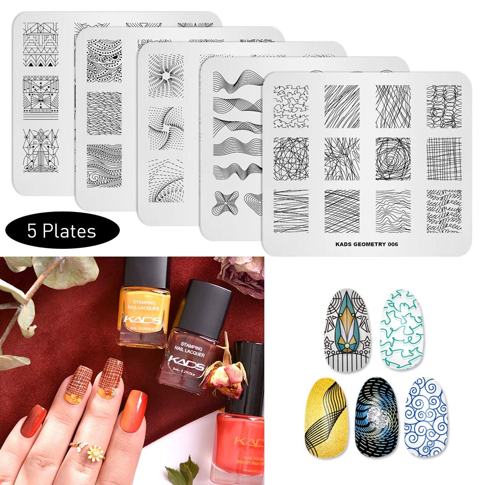 KADS 5Pcs Nail Art Stamping Plates Set – Stainless Steel Geometry Designer Templates
