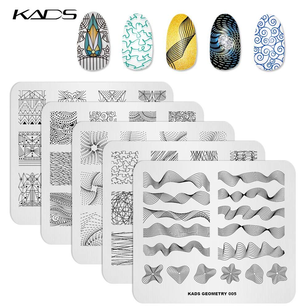 KADS 5Pcs Nail Art Stamping Plates Set – Stainless Steel Geometry Designer Templates