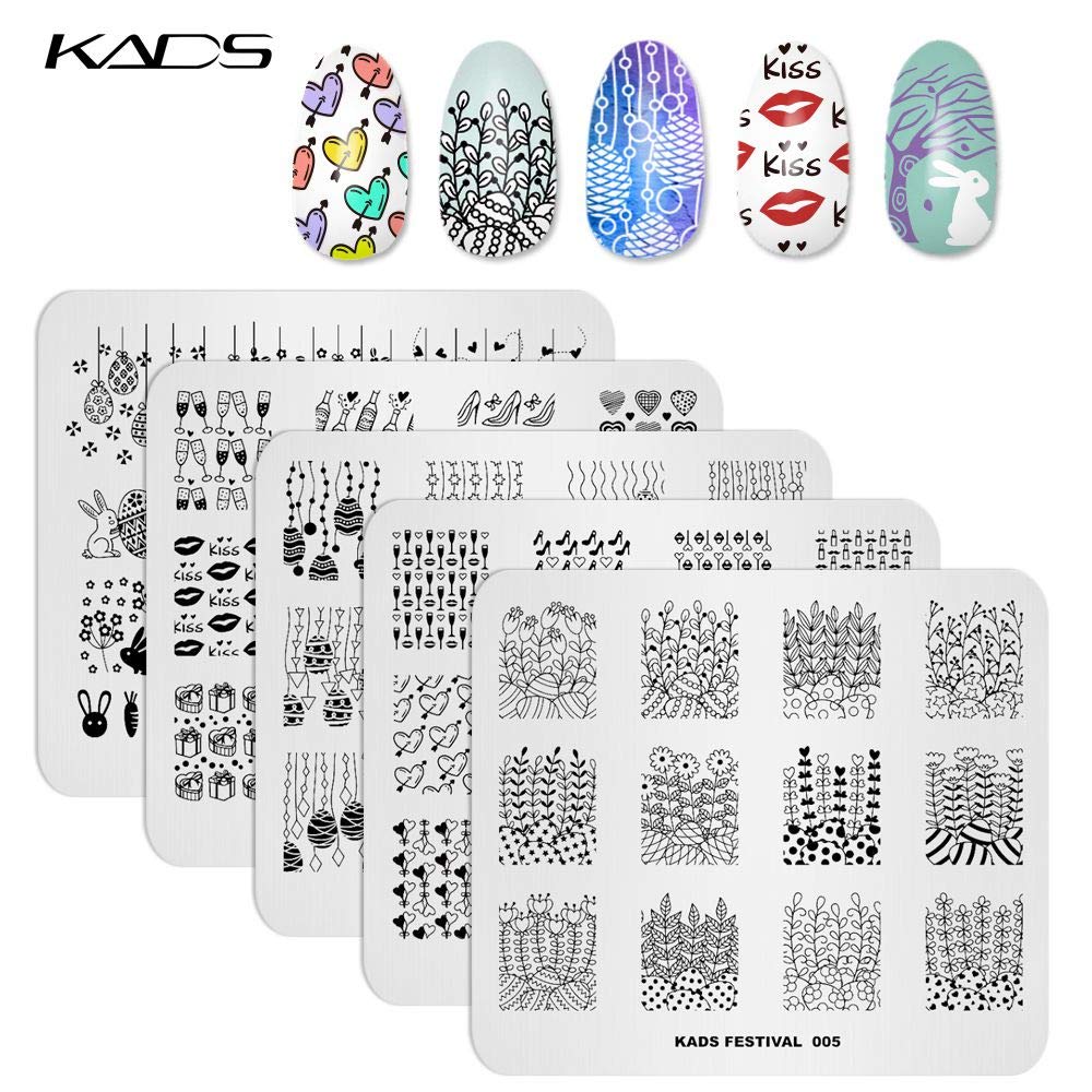 KADS 5Pcs Nail Art Stamping Plates Set – Flower Rabbit Kiss Heart Image Plate