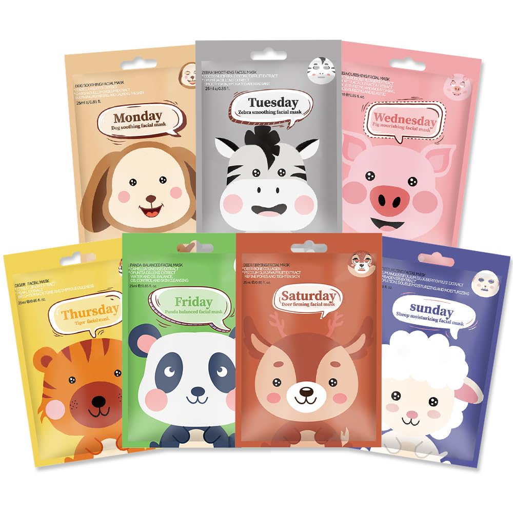 Kaely 7-Pack Kids Face Masks – Animal Character Spa Set (01A)