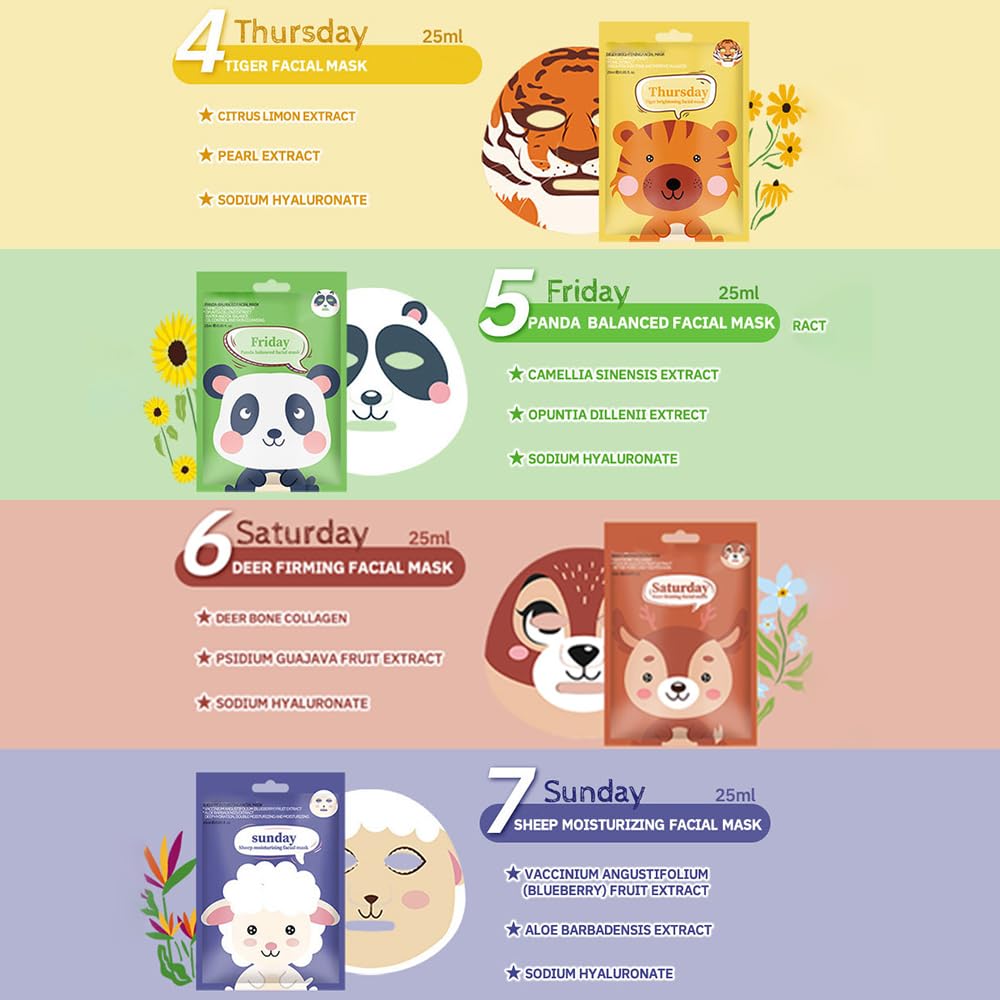 Kaely 7-Pack Kids Face Masks – Animal Character Spa Set (01A)