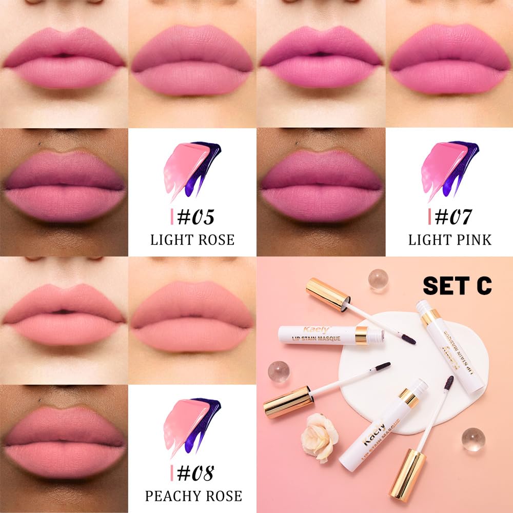 Kaely 3Pcs Lip Stain Peel Off Masque – Long-Lasting Matte Lip Tint Set C-05 C-07 C-08