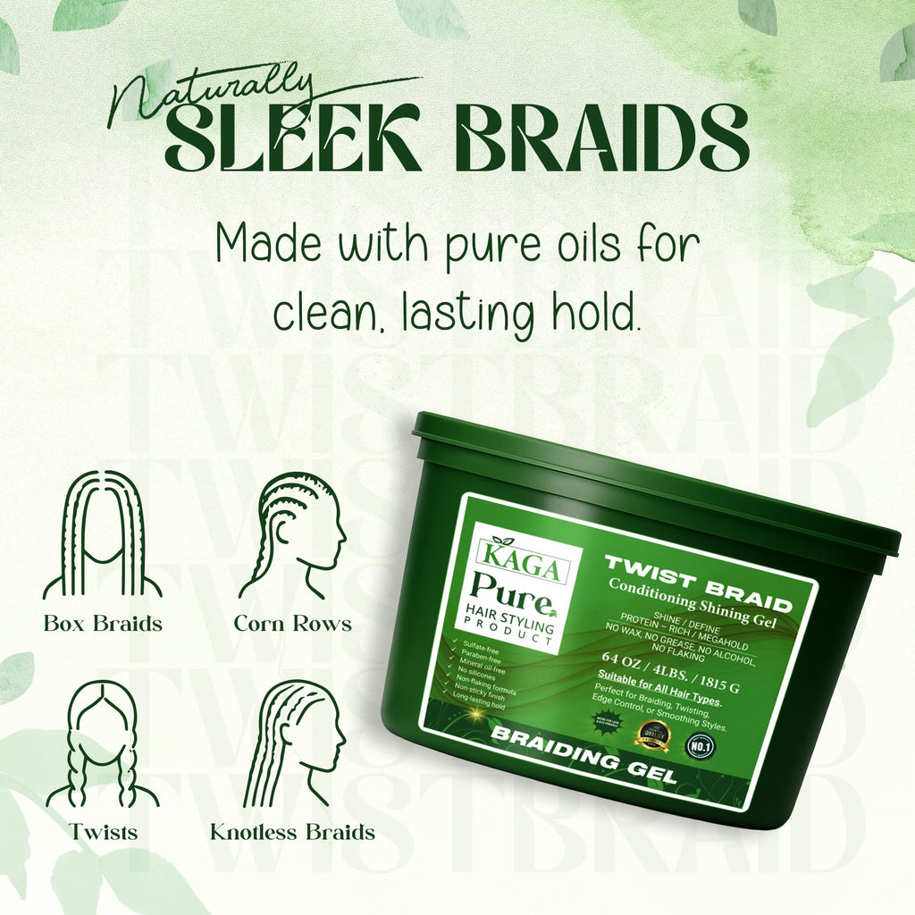 KAGA Pure O Natural Neatbraid Gel 64oz – Professional Conditioning, Strong Hold & Shine