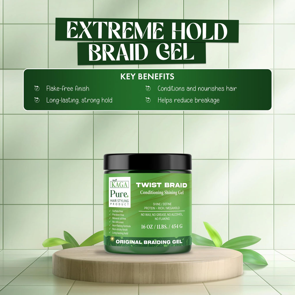 KAGA Pure O Natural Neatbraid Gel 16oz – Strong Hold, Conditioning Shine for Braids & Edges