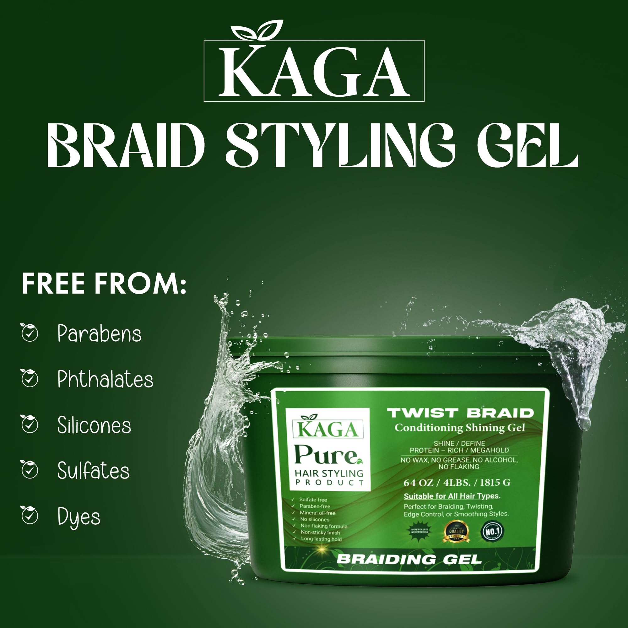 KAGA Pure O Natural Neatbraid Gel 64oz – Professional Conditioning, Strong Hold & Shine