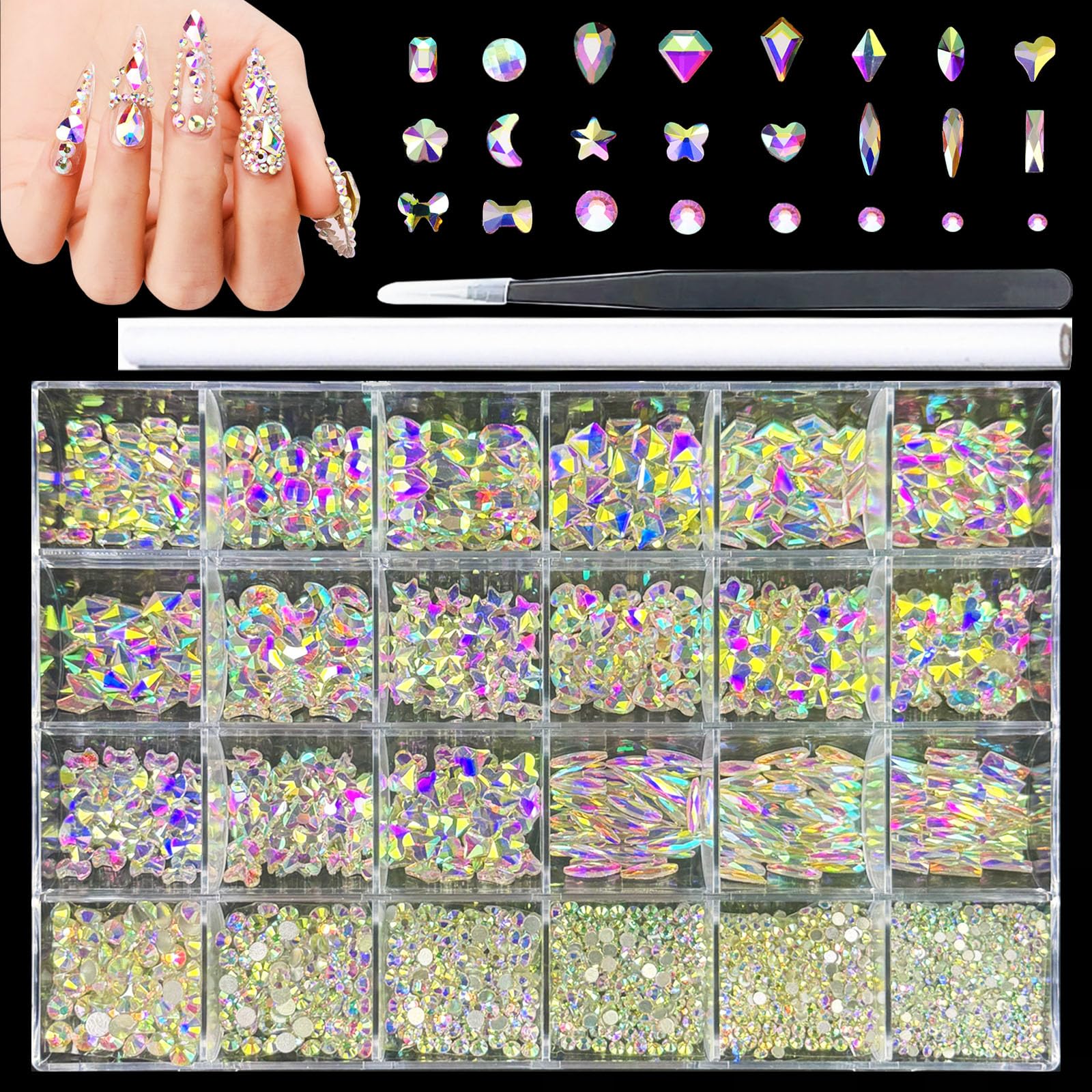 Kaipheiquan Nail Rhinestones Kit – 900 AB Diamonds & 3200 Flat-Bottom Rhinestones for DIY Nail Art