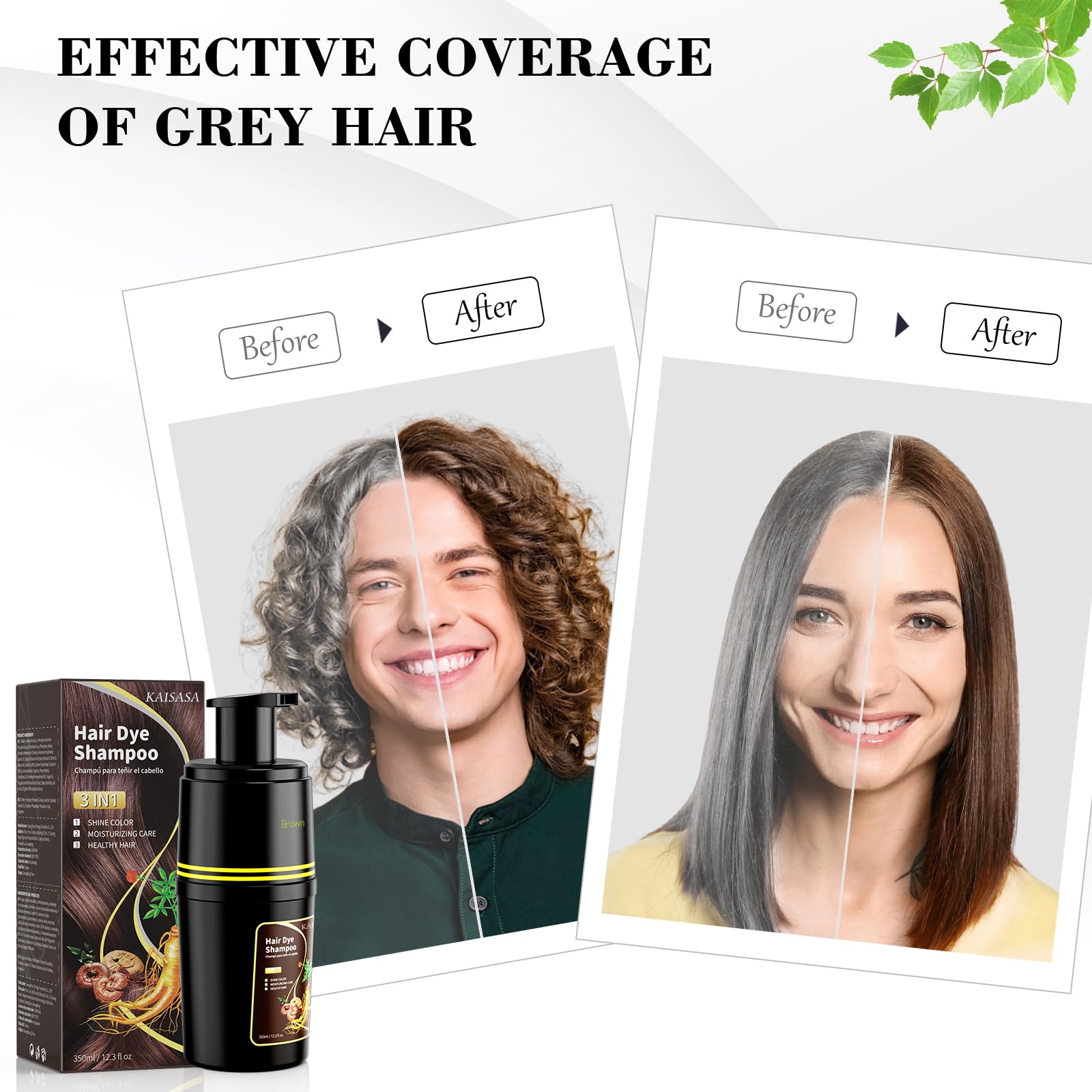 KAISASA Brown Hair Dye Shampoo 3-in-1 | 100% Grey Coverage, Safe Herbal Hair Color for Men & Women
