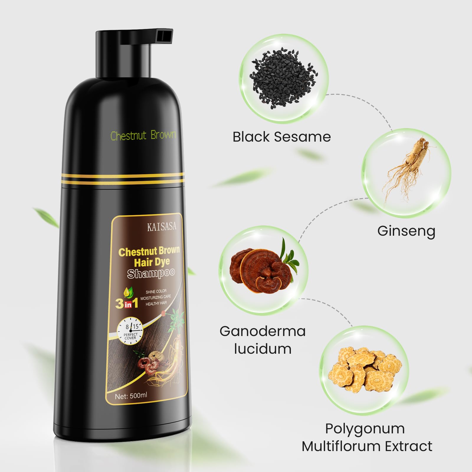 KAISASA Hair Dye Shampoo 3-in-1 for Gray Coverage – Herbal Color Shampoo, 500ml