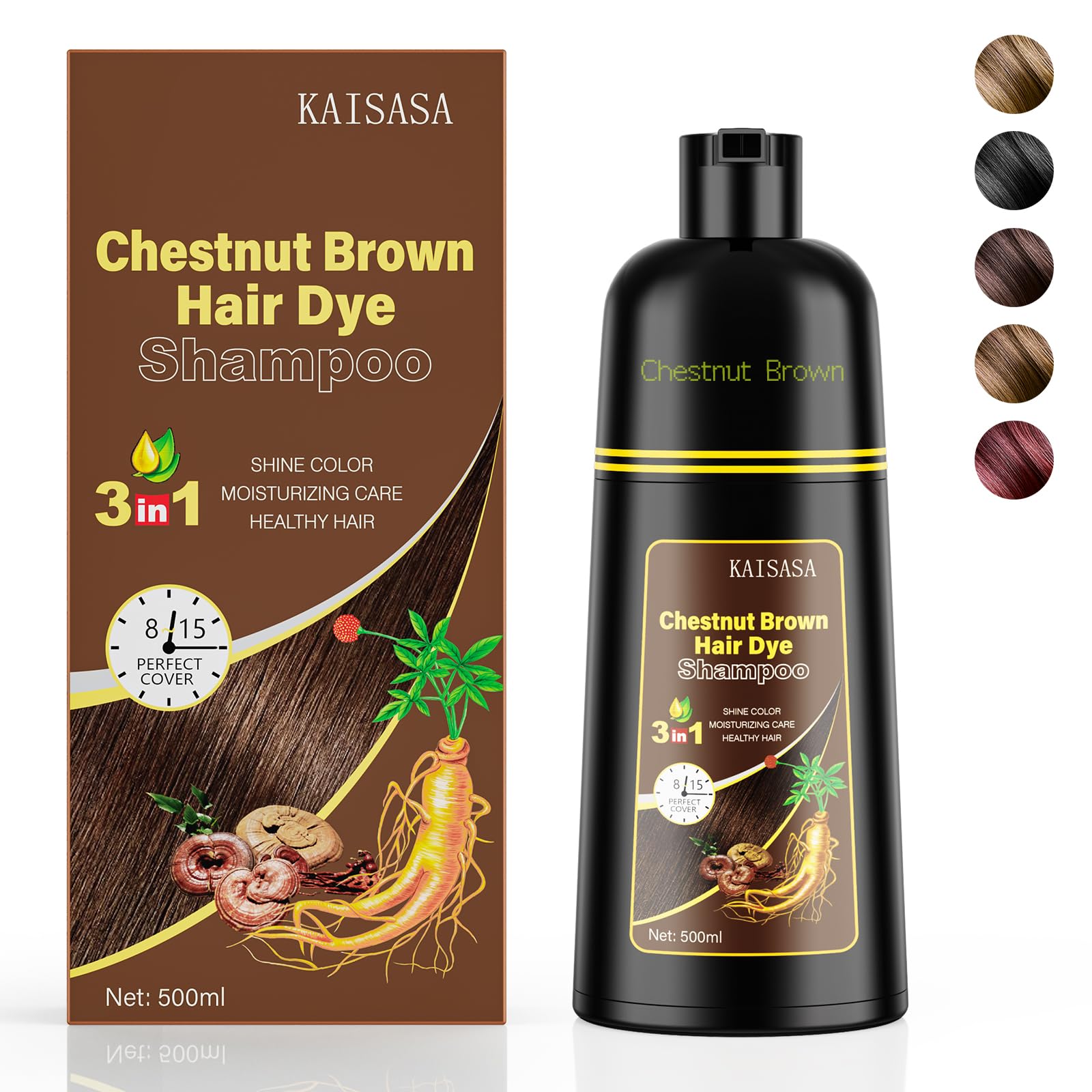 KAISASA Hair Dye Shampoo 3-in-1 for Gray Coverage – Herbal Color Shampoo, 500ml