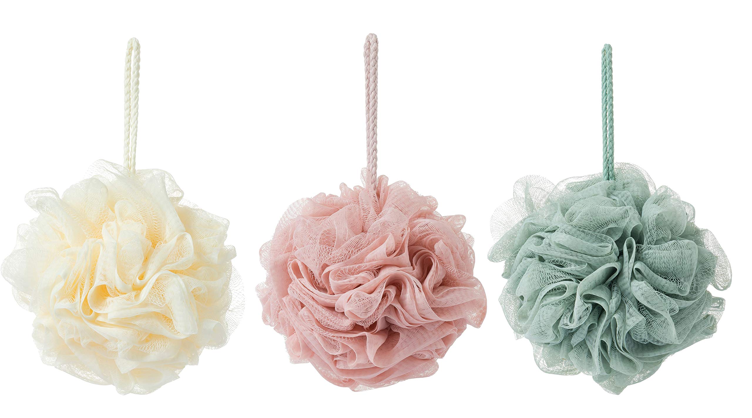 KAKOOI Bath Sponges – Soft Exfoliating Loofahs (3 pcs, Green/Linen/Pink)