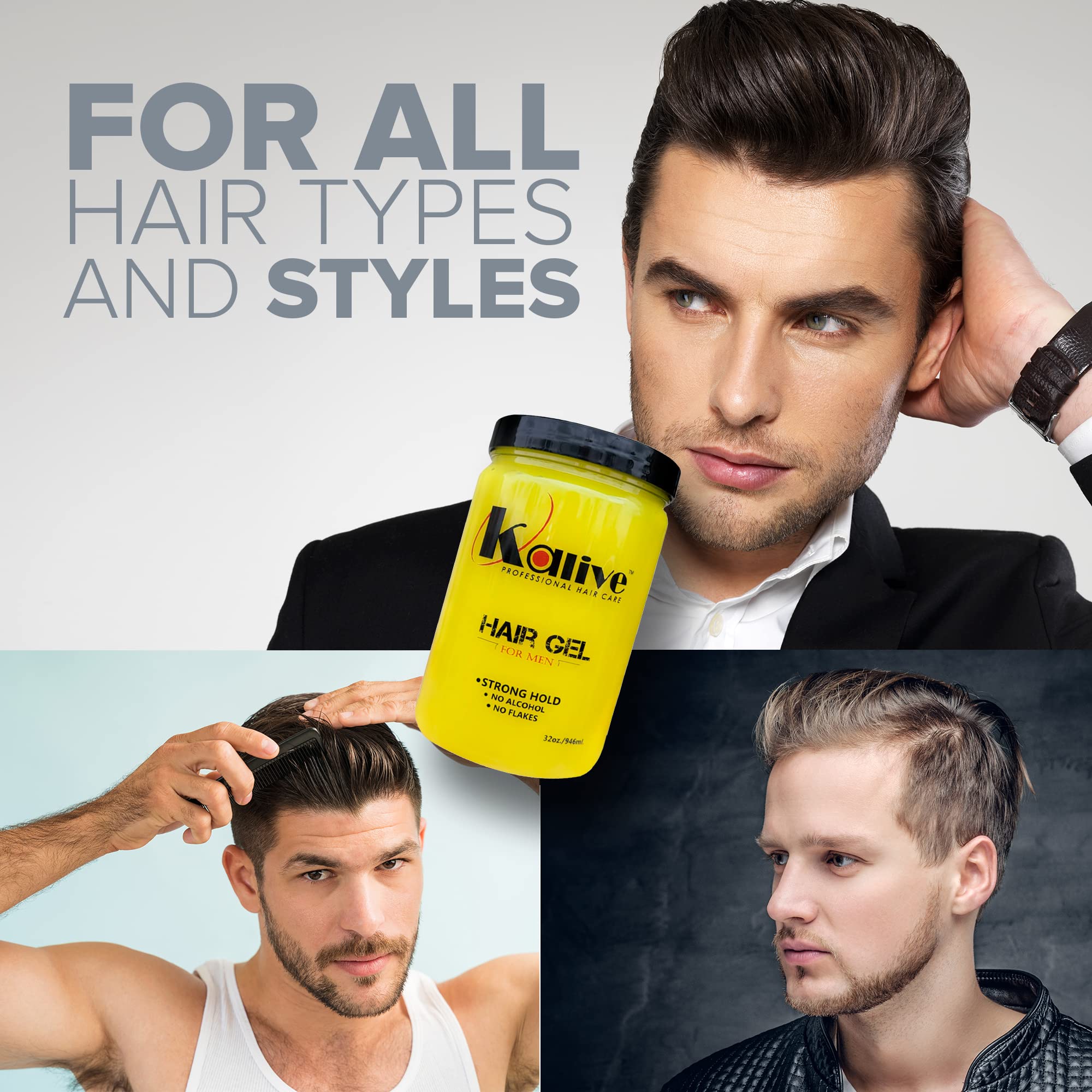 KALIVE 2 STYLE Men's Hair Gel 32 oz – Strong Hold, Light Shine, Alcohol-Free