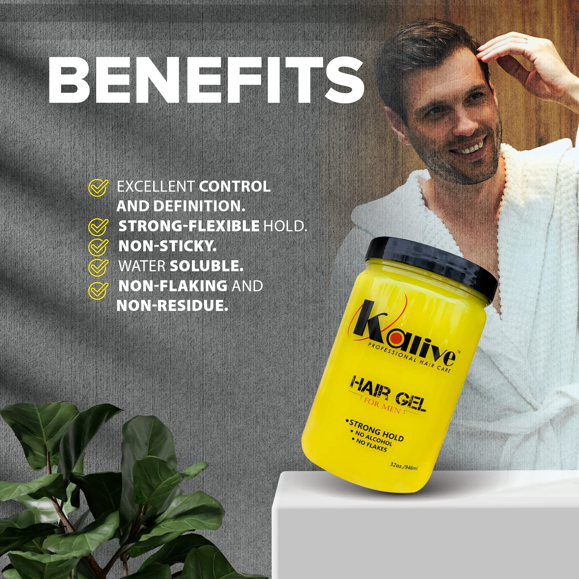 KALIVE 2 STYLE Men's Hair Gel 32 oz – Strong Hold, Light Shine, Alcohol-Free