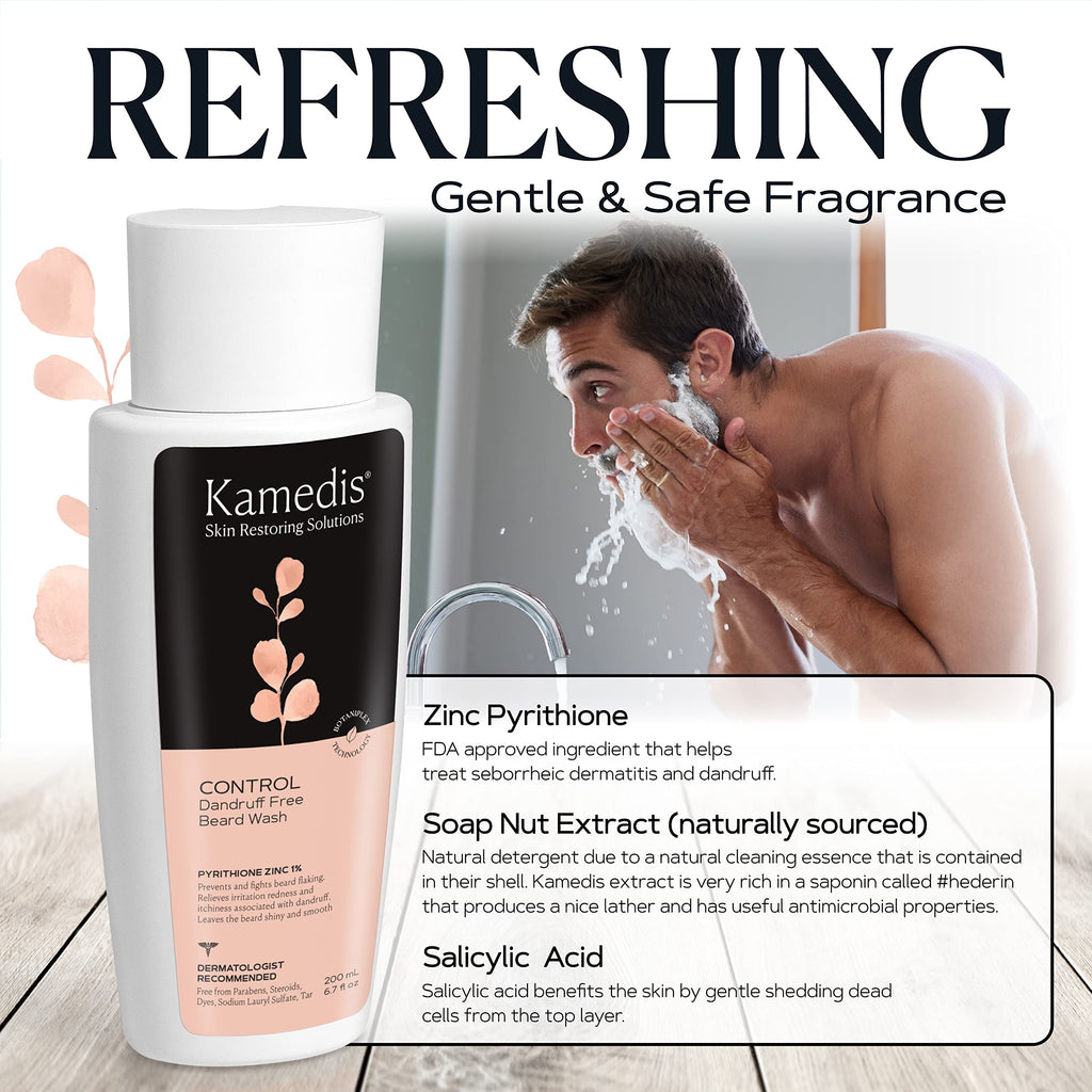 KAMEDIS Beard Wash – Dandruff Control Shampoo for Men with Pyrithione Zinc and Salicylic Acid, 6.7 oz