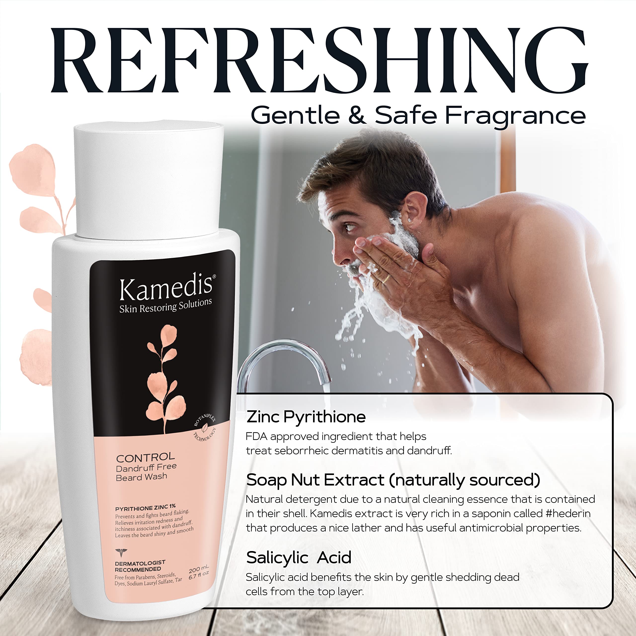 KAMEDIS Beard Wash – Dandruff Control Shampoo for Men with Pyrithione Zinc and Salicylic Acid, 6.7 oz