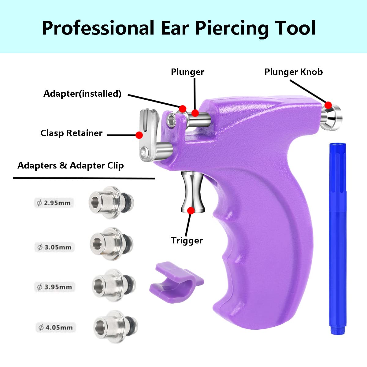 Kamija Professional Ear Piercing Gun Kit: 6 Pairs S925 Silver, 10 Pairs 316L Steel