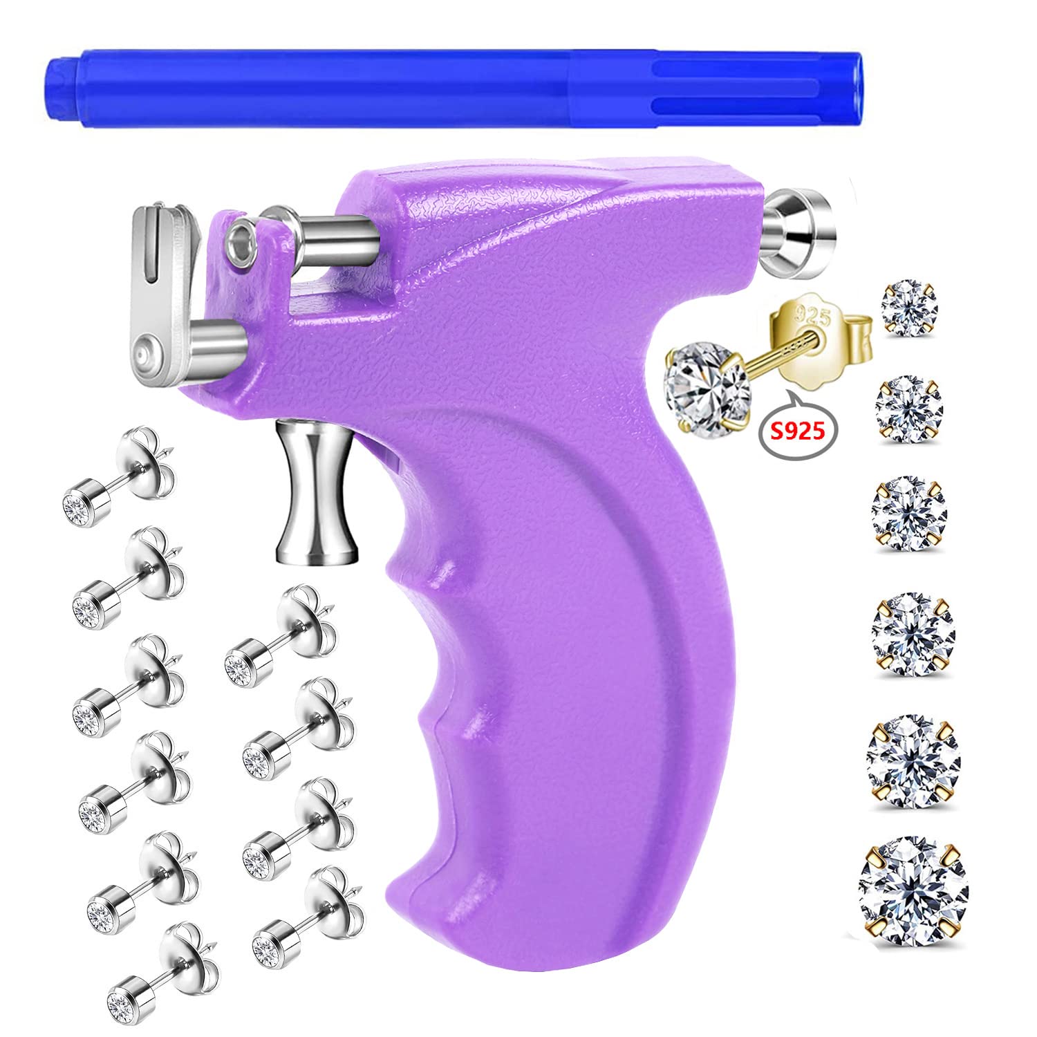 Kamija Professional Ear Piercing Gun Kit: 6 Pairs S925 Silver, 10 Pairs 316L Steel