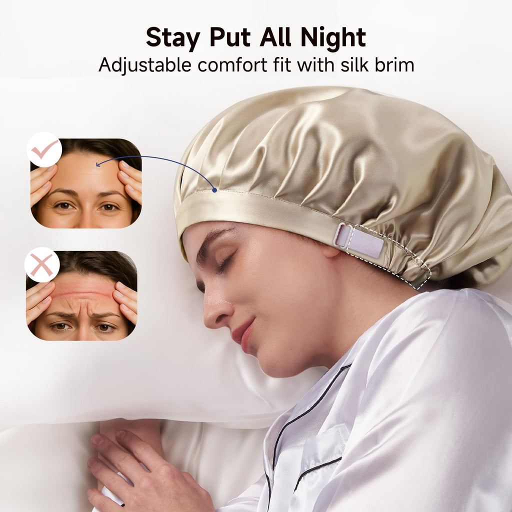 Kaome 100% Mulberry Silk Bonnet for Sleeping – 22 Momme Double Layer, Adjustable Non-Slip Cap (Champagne)