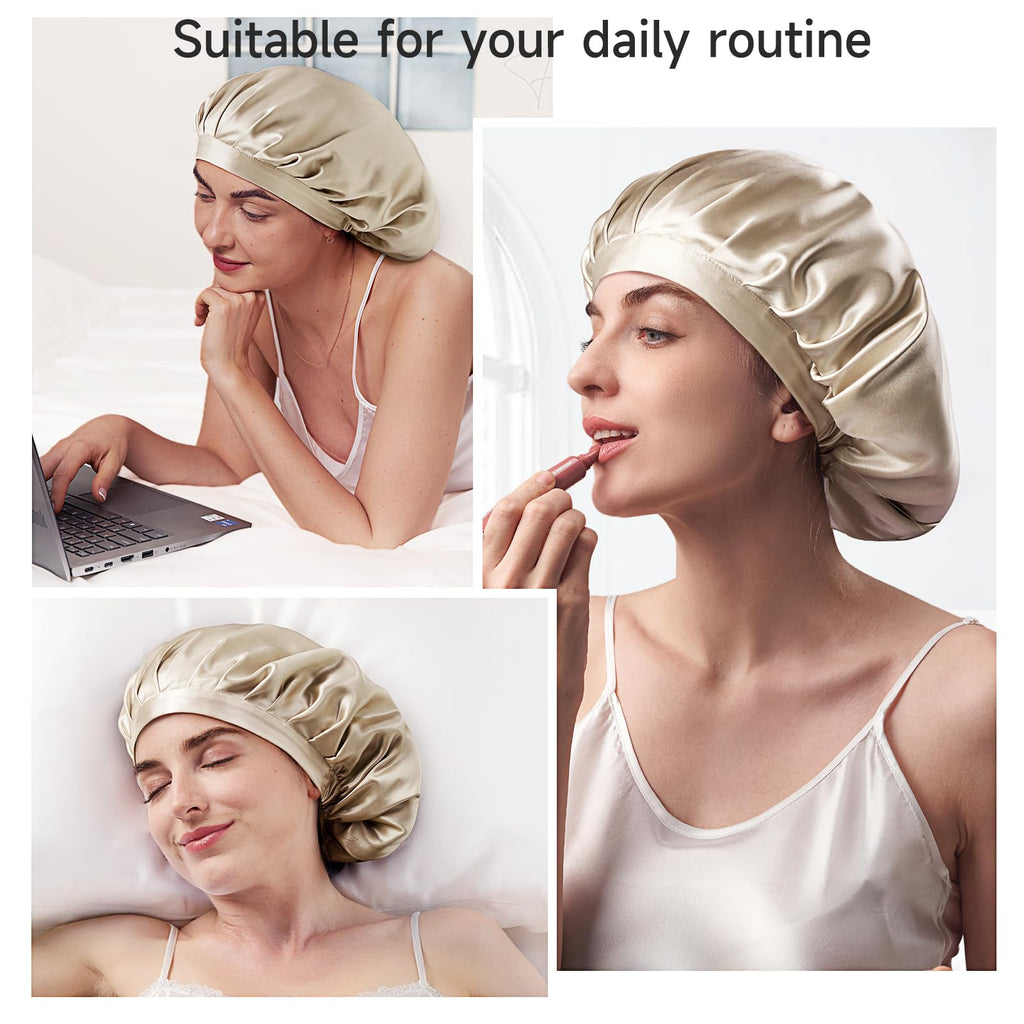 Kaome 100% Mulberry Silk Bonnet for Sleeping – 22 Momme Double Layer, Adjustable Non-Slip Cap (Champagne)