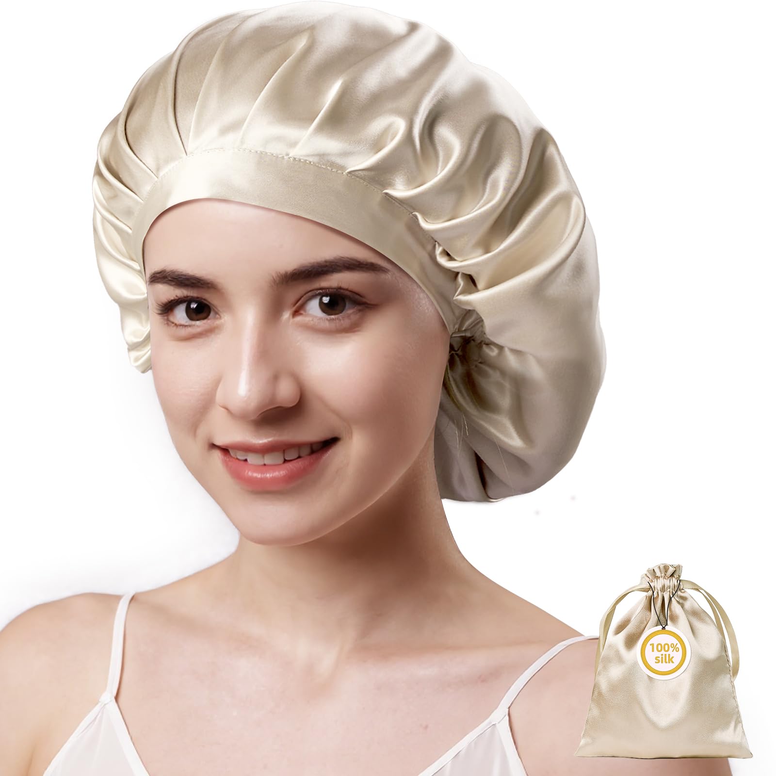 Kaome 100% Mulberry Silk Bonnet for Sleeping – 22 Momme Double Layer, Adjustable Non-Slip Cap (Champagne)